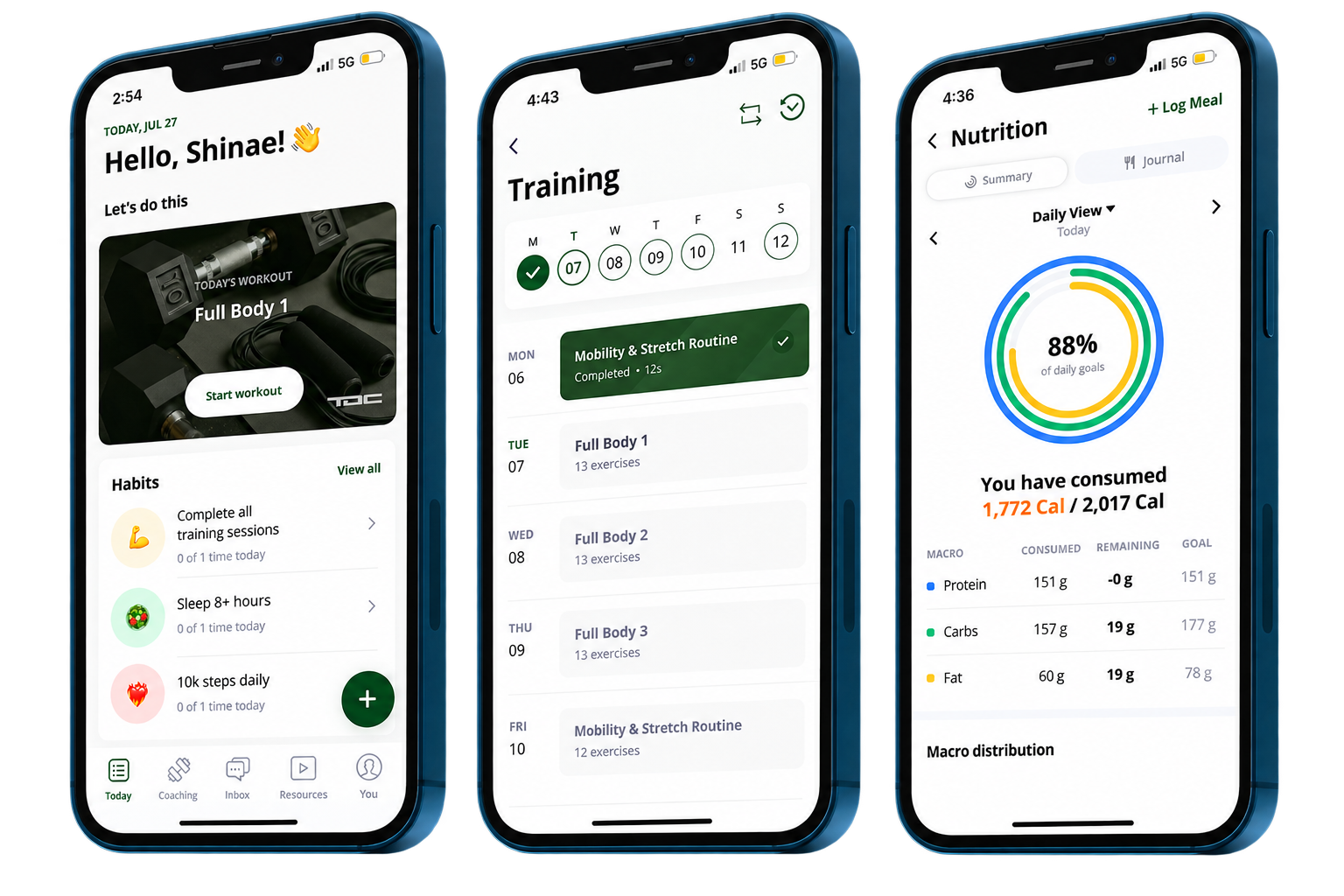 Three phone screens showing the app home, training plan and nutrition tracking