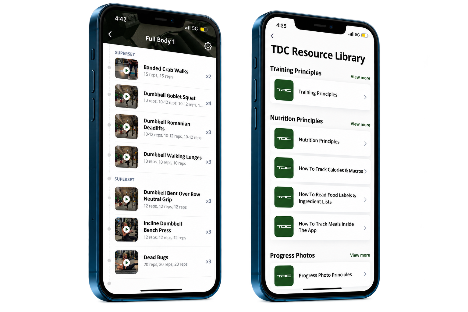 Two phone screens showing a workout session and the TDC resource library